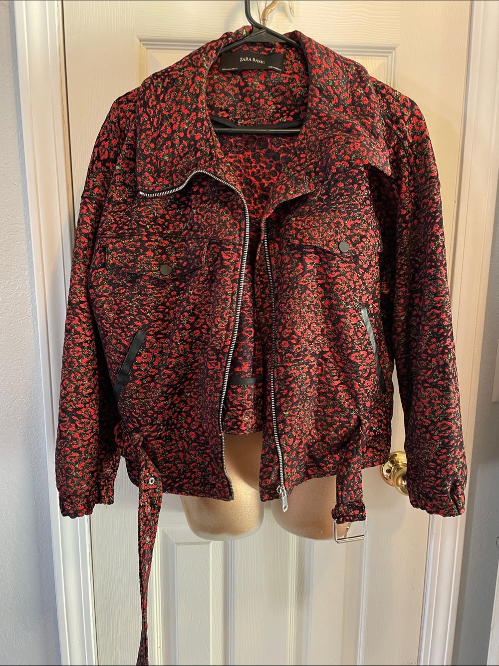 Zara Red and Black Floral Bomber Jacket